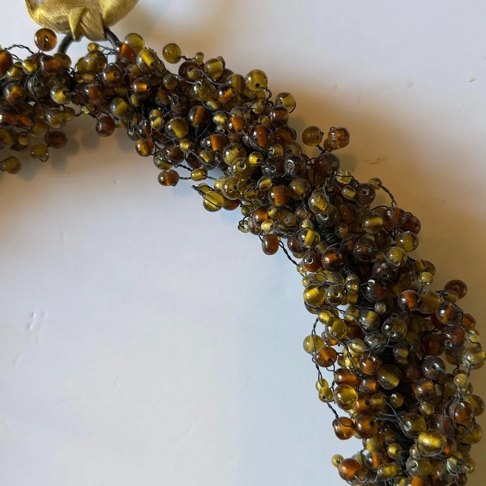 Pottery Barn BEADED WREATH Country Holiday Christmas Gold Ribbon Hanger VTG